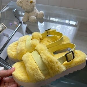 Koolaburra Yellow Fuzzy Slippers with Adjustable Straps